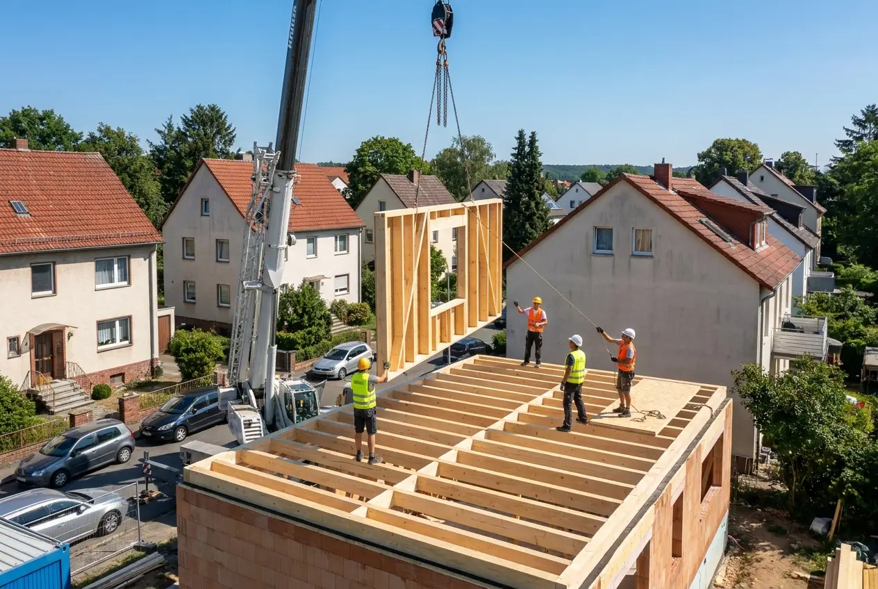 Aufstockung eines Wohnhauses in Holzbauweise mit Kran in Marbach am Neckar