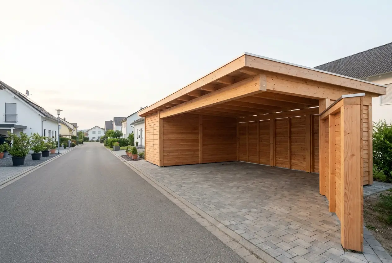 Doppelcarport mit Geraeteraum aus Douglasie in Benningen am Neckar